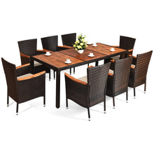 Load image into Gallery viewer, 9 Pieces Rattan Dining Set with Acacia Wood Table and Stackable Cushioned Chairs
