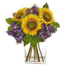 Load image into Gallery viewer, Sunflower and Lilac Artificial Arrangement in Vase
