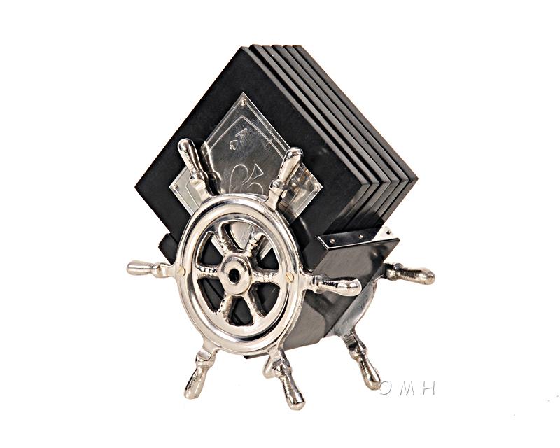 Alum/ Wood Coaster S/6 On Ship Wheel