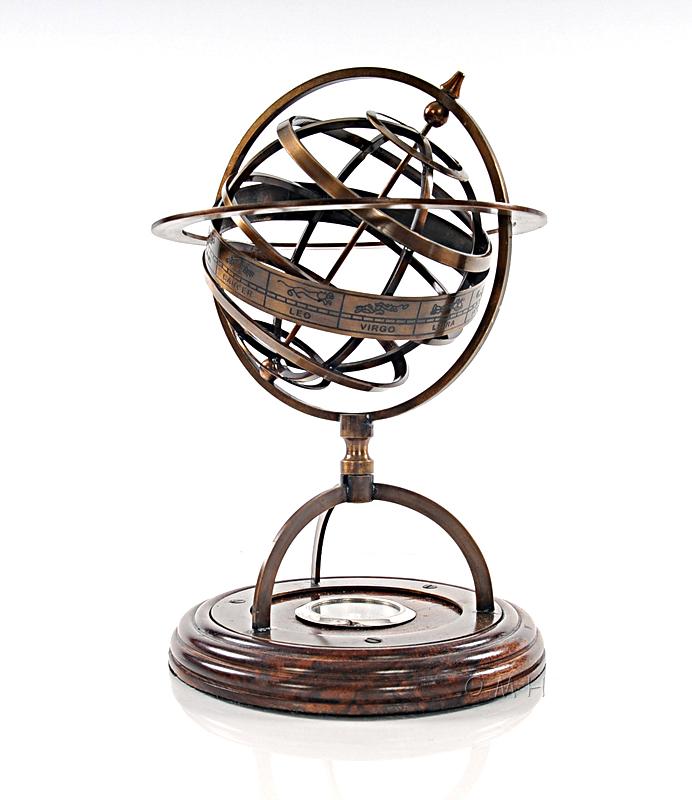 Brass Armillary With Compass On Wood Base
