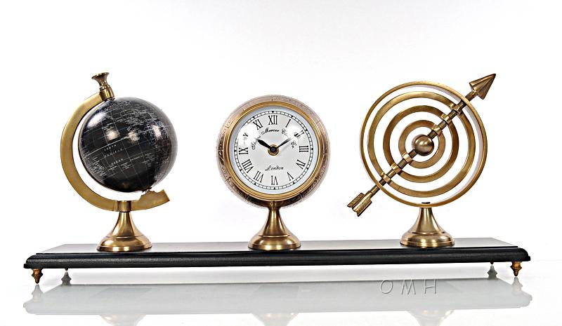 Armillery/Clock & Globe On Wood Base