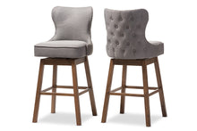 Load image into Gallery viewer, Baxton Studio Gradisca Modern and Contemporary Brown Wood Finishing and Grey Fabric Button-Tufted Upholstered Swivel Barstool
