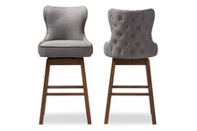 Load image into Gallery viewer, Baxton Studio Gradisca Modern and Contemporary Brown Wood Finishing and Grey Fabric Button-Tufted Upholstered Swivel Barstool
