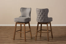 Load image into Gallery viewer, Baxton Studio Gradisca Modern and Contemporary Brown Wood Finishing and Grey Fabric Button-Tufted Upholstered Swivel Barstool
