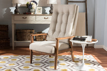 Load image into Gallery viewer, Baxton Studio Roxy Mid-Century Modern Walnut Brown Finish Wood and Light Beige Fabric Upholstered Button-Tufted High-Back Chair
