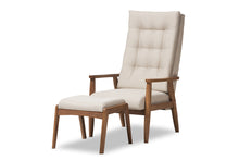 Load image into Gallery viewer, Baxton Studio Roxy Mid-Century Modern Walnut Wood Finishing and Light Beige Fabric Upholstered Button-Tufted High-Back Lounge Chair and Ottoman Set
