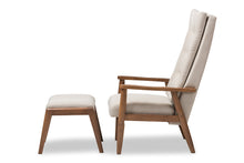 Load image into Gallery viewer, Baxton Studio Roxy Mid-Century Modern Walnut Wood Finishing and Light Beige Fabric Upholstered Button-Tufted High-Back Lounge Chair and Ottoman Set
