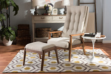 Load image into Gallery viewer, Baxton Studio Roxy Mid-Century Modern Walnut Wood Finishing and Light Beige Fabric Upholstered Button-Tufted High-Back Lounge Chair and Ottoman Set
