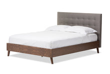 Load image into Gallery viewer, Baxton Studio Alinia Mid-century Retro Modern Grey Fabric Upholstered Walnut Wood Queen Size Platform Bed
