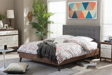 Load image into Gallery viewer, Baxton Studio Alinia Mid-century Retro Modern Grey Fabric Upholstered Walnut Wood Queen Size Platform Bed
