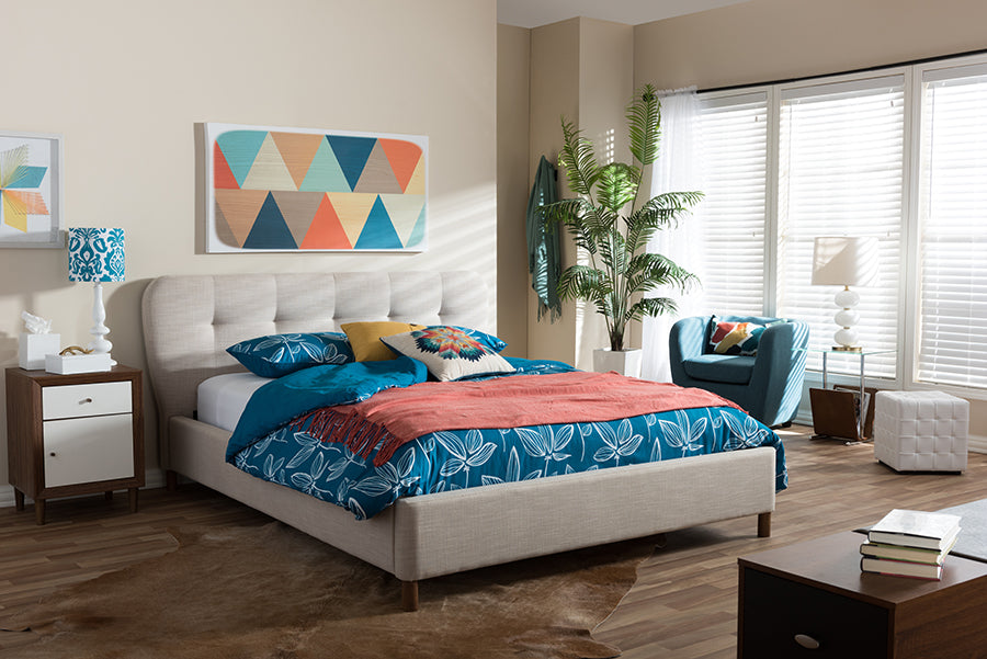 Baxton Studio Germaine Mid-Century Modern Beige Mix Linen Fabric Queen Size Grid-Tufting Platform Bed