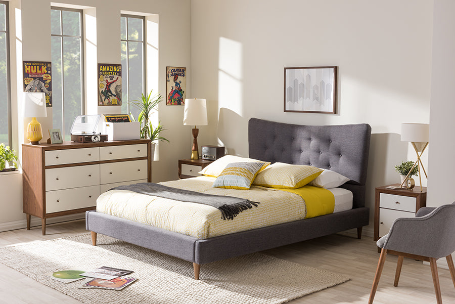 Baxton Studio Hannah Mid-Century Modern Dark Grey Fabric Queen Size Platform Bed