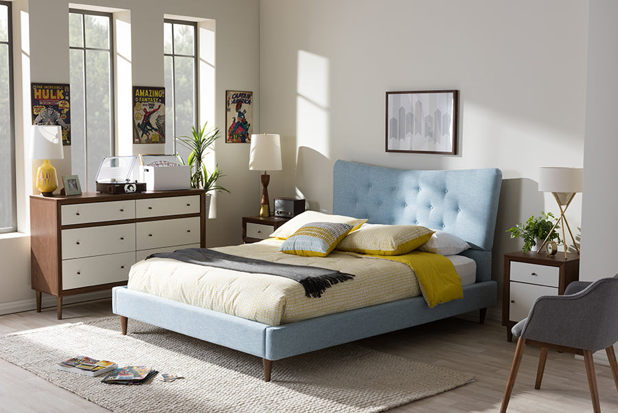 Baxton Studio Hannah Mid-Century Modern Sky Blue Fabric Queen Size Platform Bed