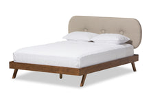 Load image into Gallery viewer, Baxton Studio Penelope Mid-Century Modern Solid Walnut Wood Light Beige Fabric Upholstered Queen Size Platform Bed
