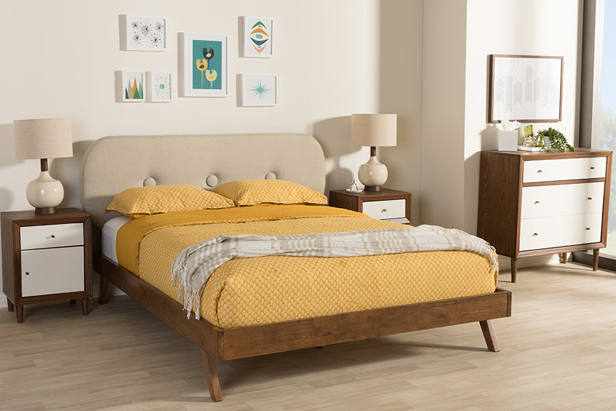 Baxton Studio Penelope Mid-Century Modern Solid Walnut Wood Light Beige Fabric Upholstered Queen Size Platform Bed