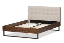 Load image into Gallery viewer, Baxton Studio Mitchell Rustic Industrial Walnut Wood Beige Fabric Dark Bronze Metal King Size Platform Bed
