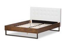 Load image into Gallery viewer, Baxton Studio Mitchell Rustic Industrial Walnut Wood White Faux Leather Dark Bronze Metal Queen Size Platform Bed
