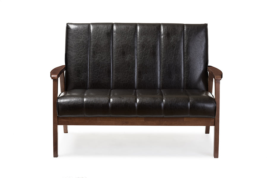 Baxton Studio Nikko Mid-century Modern Scandinavian Style Black Faux Leather Wooden 2-Seater Loveseat
