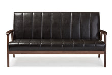 Load image into Gallery viewer, Baxton Studio Nikko Mid-century Modern Scandinavian Style Dark Brown Faux Leather Wooden 3-Seater Sofa
