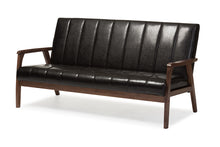 Load image into Gallery viewer, Baxton Studio Nikko Mid-century Modern Scandinavian Style Dark Brown Faux Leather Wooden 3-Seater Sofa
