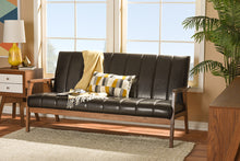 Load image into Gallery viewer, Baxton Studio Nikko Mid-century Modern Scandinavian Style Dark Brown Faux Leather Wooden 3-Seater Sofa
