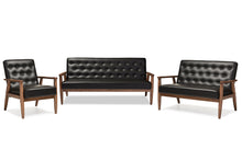 Load image into Gallery viewer, Baxton Studio Sorrento Mid-century Retro Modern Black Faux Leather Upholstered Wooden 3 Piece Living room Set
