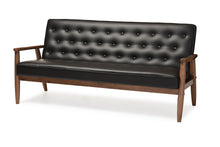 Load image into Gallery viewer, Baxton Studio Sorrento Mid-century Retro Modern Black Faux Leather Upholstered Wooden 3-seater Sofa
