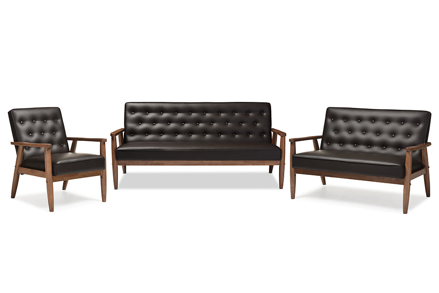 Baxton Studio Sorrento Mid-century Retro Modern Brown Faux Leather Upholstered Wooden 3 Piece Living room Set