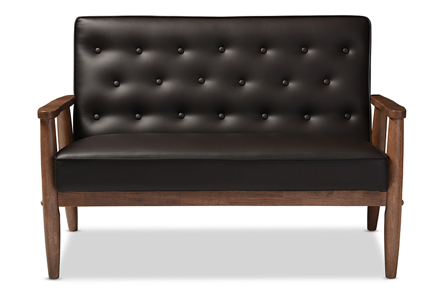 Baxton Studio Sorrento Mid-century Retro Modern Brown Faux Leather Upholstered Wooden 2-seater Loveseat