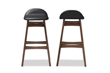 Load image into Gallery viewer, Baxton Studio Bloom Mid-century Retro Modern Scandinavian Style Black Faux Leather Upholstered Walnut Wood Finishing 30-Inches Bar Stool (Set of 2)

