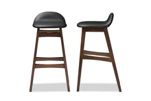 Load image into Gallery viewer, Baxton Studio Bloom Mid-century Retro Modern Scandinavian Style Black Faux Leather Upholstered Walnut Wood Finishing 30-Inches Bar Stool (Set of 2)
