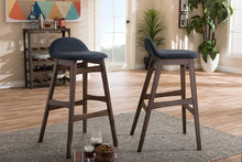 Load image into Gallery viewer, Baxton Studio Bloom Mid-century Retro Modern Scandinavian Style Dark Blue Fabric Upholstered Walnut Wood Finishing 30-Inches Bar Stool (Set of 2)
