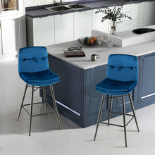 Load image into Gallery viewer, 2 Pieces 29 Inch Velvet Bar Stools Set with Tufted Back and Footrests-Blue
