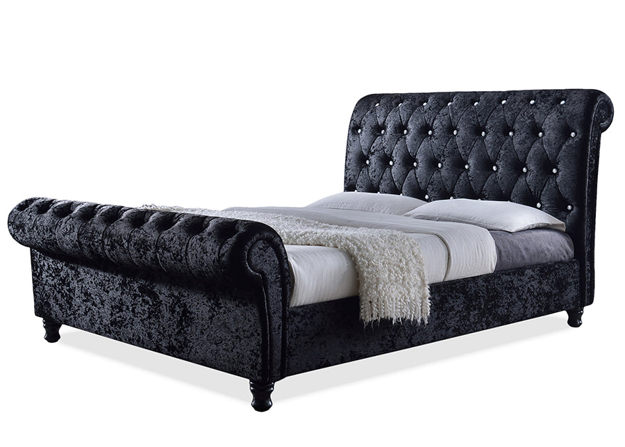 Baxton Studio Castello Black Velvet Upholstered Faux Crystal-Buttoned Sleigh Queen Platform Bed