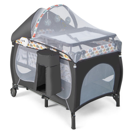 5-in-1 Portable Baby Playard with Bassinet and Adjustable Canopy-Multicolor
