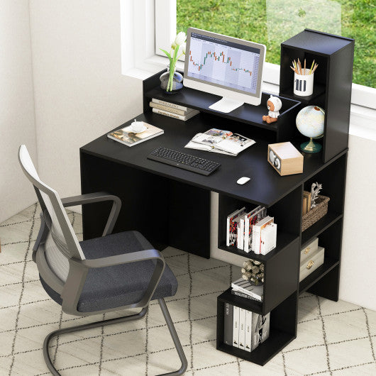 Modern Computer Desk with Storage Bookshelf and Hutch for Home Office-Black