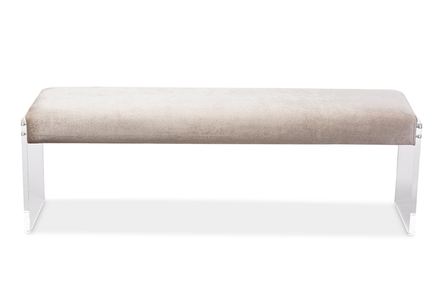 Baxton Studio Hildon Modern and Contemporary Beige Microsuede Fabric Upholstered Lux Bench with Paneled Acrylic Legs