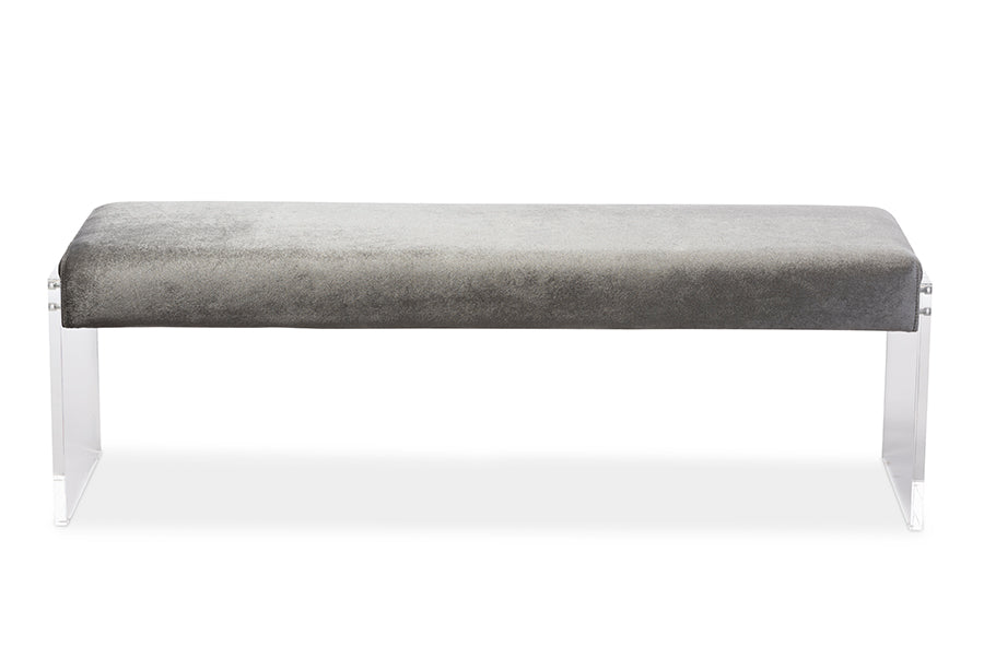 Baxton Studio Hildon Modern and Contemporary Grey Microsuede Fabric Upholstered Lux Bench with Paneled Acrylic Legs