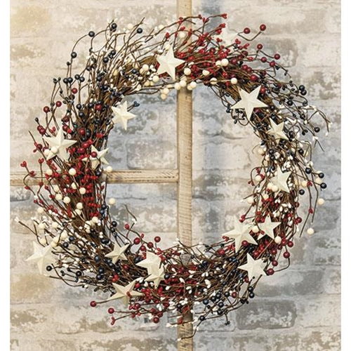 Americana Berry Wreath w/Metal Stars 22
