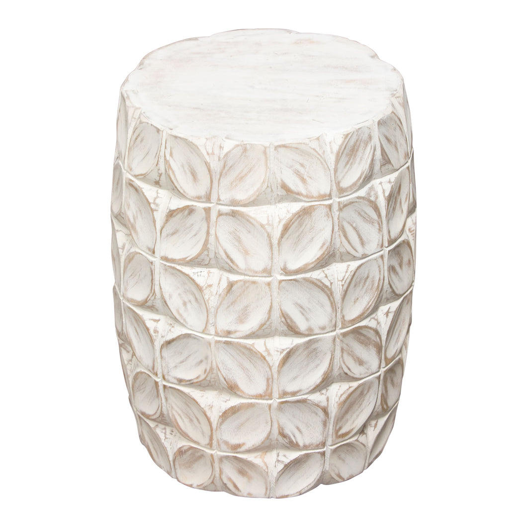 Fig Solid Mango Wood Accent Table in Distressed White Finish w/ Leaf Motif by Diamond Sofa