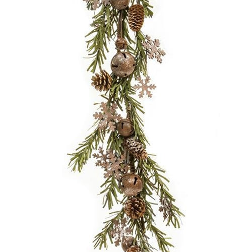 Rusty Glitter Bell & Snowflake Pine Garland 4ft