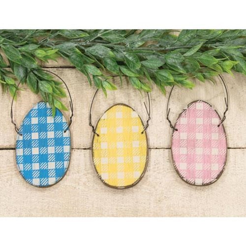 Buffalo Check Distressed Wooden Egg Ornament 3 Asstd. (Pack of 4)