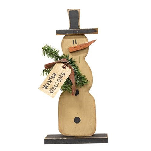 Wooden Snowman on Base w/Winter Welcome Tag