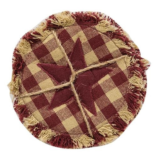 4/Set Burgundy & Tan Check Star Applique Round Coasters (Pack of 2)