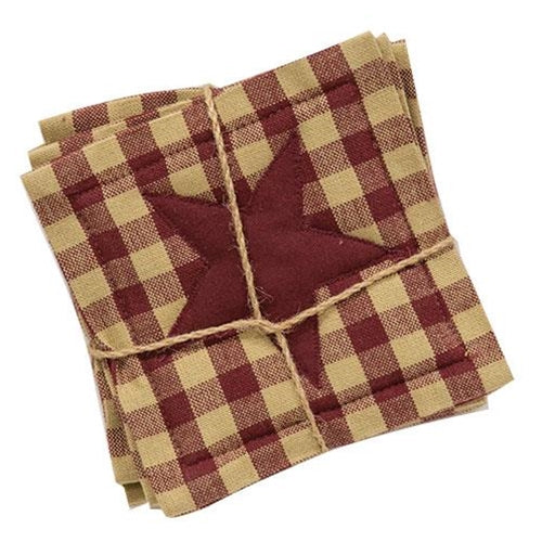4/Set Burgundy & Tan Check Star Applique Square Coasters (Pack of 2)