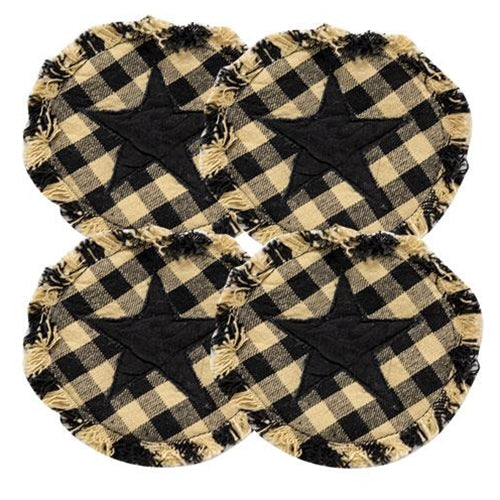 4/Set Black & Tan Check Star Applique Round Coasters (Pack of 2)