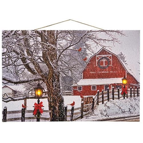 Snowy Red Barn Light Up Canvas