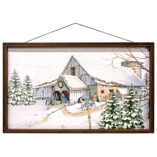 Snowy White Barn Framed Sign