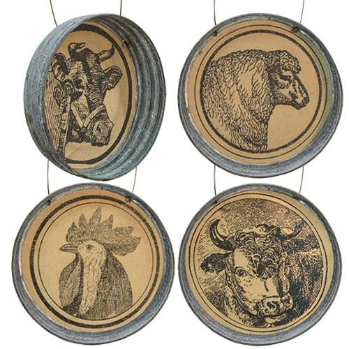 Farm Faces Metal Ornament 4 Asstd  (Pack of 4)