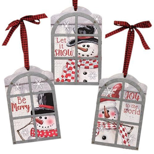 Wood/Galvanized Snowman Window Pane Ornament 3 Asstd. (Pack of 4)